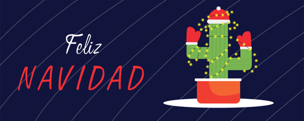 Greeting card with Christmas cactus and text FELIZ NAVIDAD on dark background © Pixel-Shot