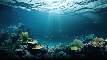 Deep ocean full of life. Underwater coral reef with fish and rays of sun through water surface