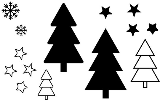 christmas icons set. tree, stars, snowflake. vector on transparent background PNG