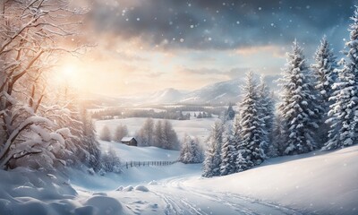 Incredible winter landscape with snowcapped pine trees under bright sunny light in frosty morning. Amazing nature scenery in winter mountain valley. Awesome natural Background. Soft light effect - obrazy, fototapety, plakaty