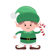 Christmas elf with candy cane on white background