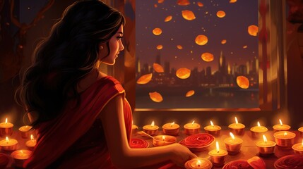 Festival of Lights. Diwali, Festival of Lights. Web banner design with candles and woman