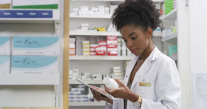Pharmacist, woman and tablet by medicine shelf, pills research and inventory management of healthcare sales. Medical, pharmacy worker or doctor reading on digital technology for store, stock or data