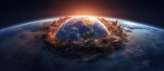 World and sun realistic 3D rendering. Shiny sunlight over Planet Earth, cosmos, atmosphere. Shot from Space satellite - obrazy, fototapety, plakaty