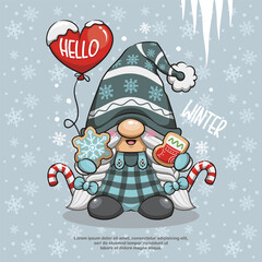 Winter Lady Gnome, Christmas Gnome With Cookies, Candycane And Balloon. Cute Cartoon Illustration