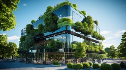 Spectacular eco-futuristic cityscape ESG concept full with greenery, skyscrapers, parks, and other manmade green spaces in urban area. Green garden in modern city. Digital art 3D illustration.