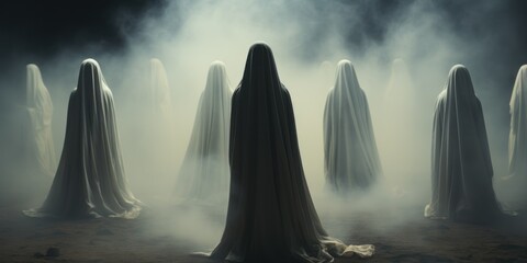 Mysterious Assembly: People in White Cloaks with Hoods, Gathered in an Inner Space. They Create an Impression of Mystery and Collective Unity.