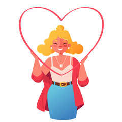 Concept of love, desire to share love, feelings. Happy girl holding a big heart in her hands. Vector illustration can be used for themes about charity, psychology, mutual support, help.