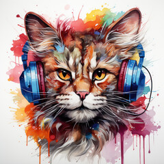 Watercolor Funky Cool Cat with Headphone illustration Generative Ai
