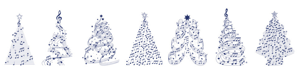 Set of many Christmas trees made of music notes on white background © Pixel-Shot