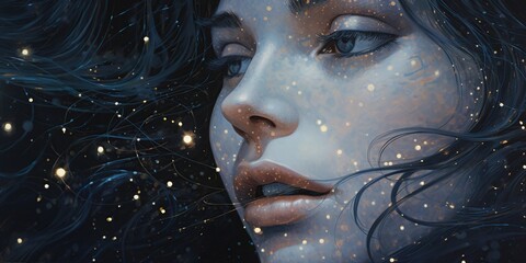 Starry Night Sky. Esoteric Woman's Face in the Cosmic Glitter