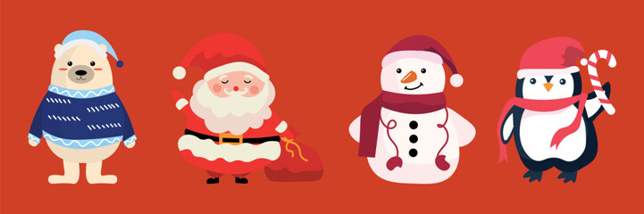 Santa Claus with snowman, Polar bear and penguin on brown background