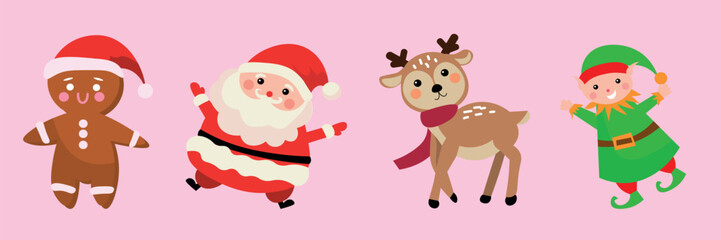 Santa Claus with gingerman, reindeer and elf on pink background