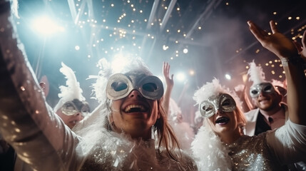 Carnival celebration in Venice with masked participants in traditional costumes. Happy Carnival masquerade party in VEnice