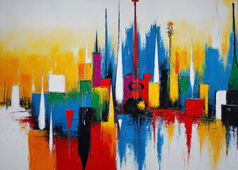 A vibrant and dynamic painting capturing the essence of music through a guitar surrounded by splashes of vivid colors, evoking a sense of creativity and freedom. 