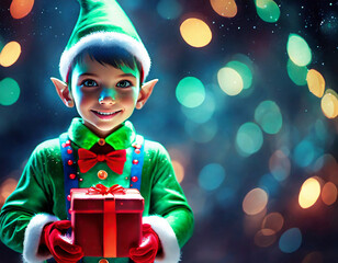 Christmas elf on the shelf holding a gift box. Christmas background with copy space - obrazy, fototapety, plakaty
