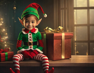 Christmas elf sitting on the shelf next to Christmas box - Powered by Adobe