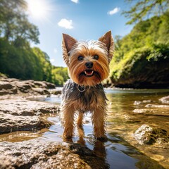 A small Yorkshire Terrier dog standing in a shallow river on a summers day. 