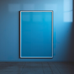 An empty poster frame in creative expression on a serene blue canvas. Chalkboard illustration in soft blue tone with space for ideas and artistic images.