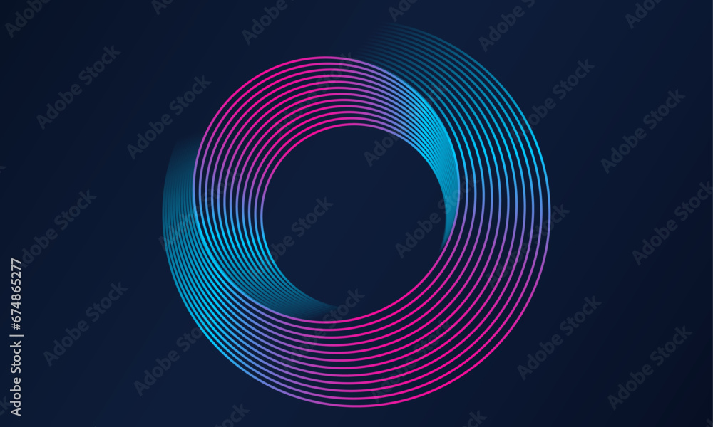 Poster abstract circle line pattern spin blue pink light isolated on black background in the concept of mus
