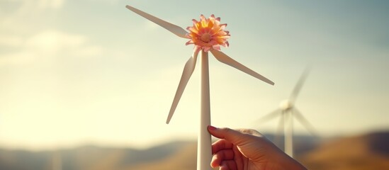 ESG and Clean Energy Concept. Hand Raise up a Wind Turbine Paper into the Sky. Decrease Carbon and Produce a Green Power. World Earth Day, Sustainable Resources, Environmental Care. Wind energy. - obrazy, fototapety, plakaty