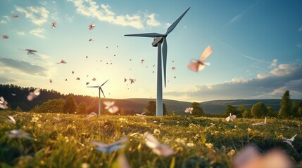 ESG and Clean Energy Concept. Hand Raise up a Wind Turbine Paper into the Sky. Decrease Carbon and Produce a Green Power. World Earth Day, Sustainable Resources, Environmental Care. Wind energy. - obrazy, fototapety, plakaty
