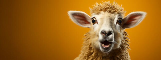Funny sheep with human gestures looking at the camera and talking. Humanized animal. Sheep with a surprised gesture Banner with yellow background and copy space - obrazy, fototapety, plakaty