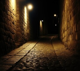 A dark alleyway with cobblestones and lights. Generative AI.