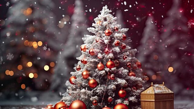 decorated Christmas tree under snow illuminated at Christmas eve night