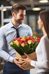 A man at work is giving flowers to a woman
