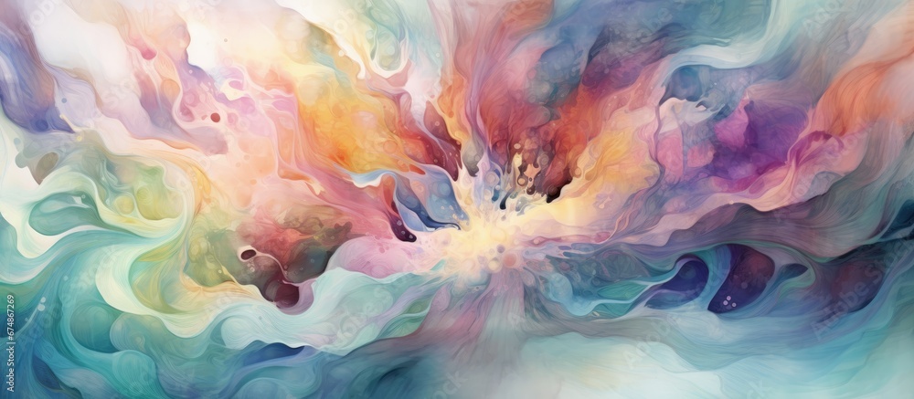 Poster The background of the abstract watercolor art piece creates a mesmerizing texture resembling waves crashing against a glass window with hints of oil blending seamlessly into a fantasy like 