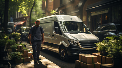 Man with a cardboard box and van in outdoors.