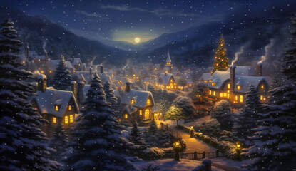 Fairy tale Christmas village with Snow in vintage style at night. Magic Winter village landscape with Christmas tree with lights. Christmas Holidays. Christmas Card illustration.