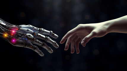 Human hand and android cyborg. Artificial intelligence technology concept - obrazy, fototapety, plakaty
