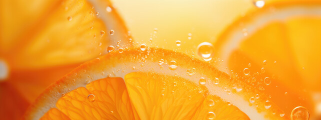 Macro of sparkling orange slice with effervescent droplets. Drink fresh beverage, macro shot