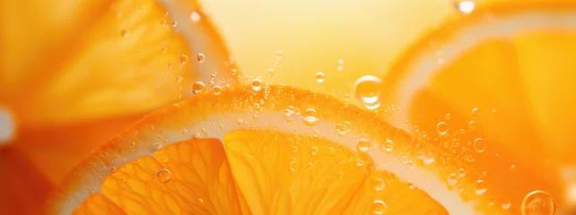 Photo sur Plexiglas Photographie macro Macro of sparkling orange slice with effervescent droplets. Drink fresh beverage, macro shot