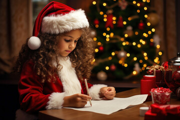 Fototapeta na wymiar Cute little girl with curly hair in Santa hat writes the letter to Santa Claus