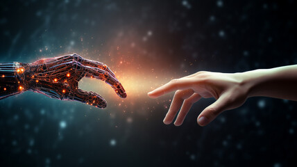 Human hand and android cyborg. Artificial intelligence technology concept - obrazy, fototapety, plakaty