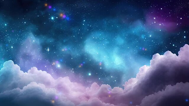 Night sky with clouds and stars, abstract watercolor texture background, illustration