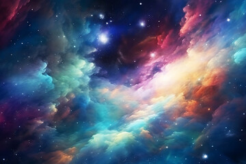 Vibrant cosmic galaxy filled with colorful nebula clouds on a starry night in the cosmos - obrazy, fototapety, plakaty