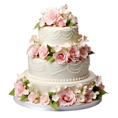 Tiered Wedding Cake with Sugar Roses on Transparent Background