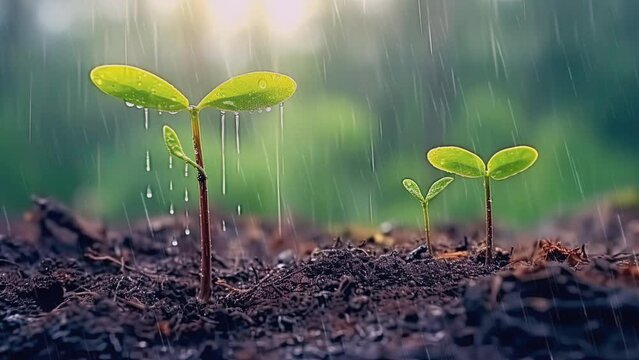 young plants growing under falling rain