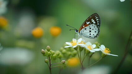 Obraz premium Closeup butterfly on white flower on green blured background