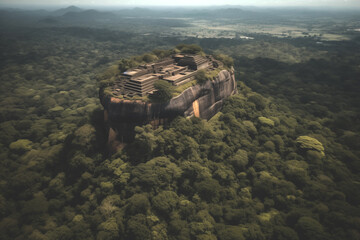 Sri Lanka drone view. Sigiriya Rock or Sinhagiri is ancient rock fortress in northern Matale District, town of Dambulla in Ceylon, North Central Province, UNESCO world heritage. Jungle in Sri Lanka. - obrazy, fototapety, plakaty