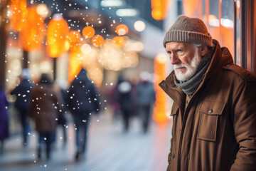 Solitude, loneliness during Christmas. Elderly man walks alone through city streets during Christmas holidays. Lonely senior man feels lonely celebrating Christmas without family and friends - obrazy, fototapety, plakaty