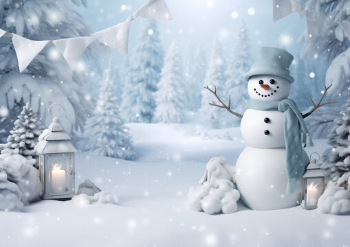 Christmas Photography Backdrop, Idyllic winter Wonderland Background with Snowman, Fir Trees, lanterns, snowflakes, copy space