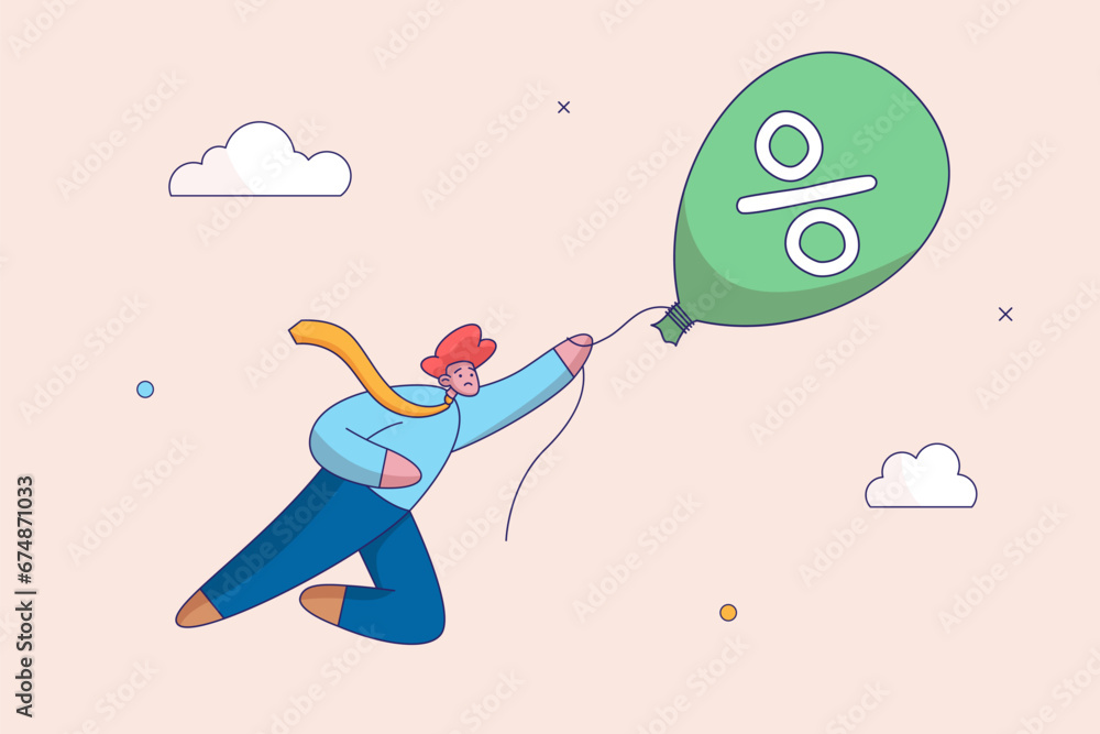 Poster inflated interest rate balloon floats higher. inflate concept. learning or study for skill developme