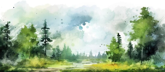The artist created a stunning abstract watercolor painting of a summer landscape with a textured sky and vibrant green trees capturing the essence of nature and travel in a grunge inspired 