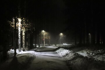 Night in fog one winter. Outdoor lighting in snowy weather.