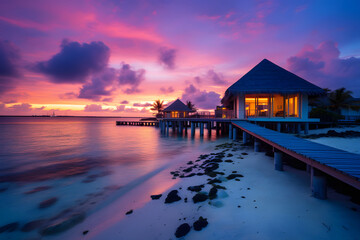 Obraz premium Maldives island sunset. Water bungalows resort, creatve with Ai